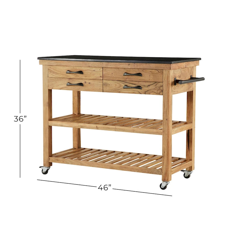 Wood Rolling 4 Drawer and 2 Shelf Kitchen Cart with Black Metal Handles and Marble Top - Brown - Roche River Decor