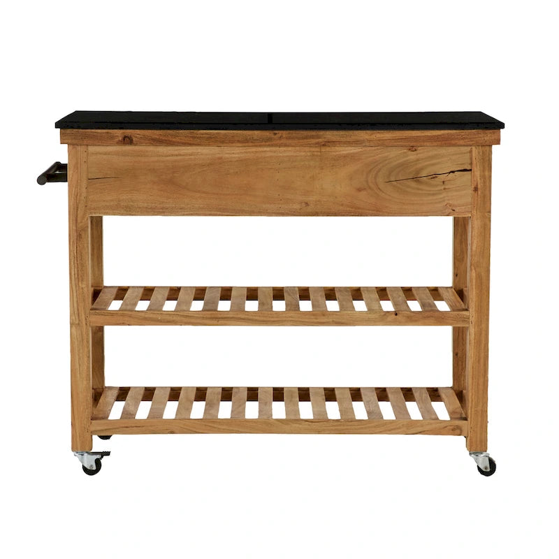 Wood Rolling 4 Drawer and 2 Shelf Kitchen Cart with Black Metal Handles and Marble Top - Brown - Roche River Decor