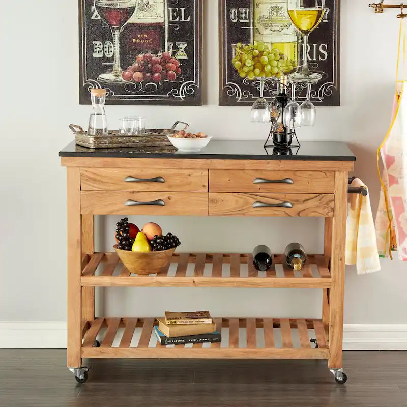 Wood Rolling 4 Drawer and 2 Shelf Kitchen Cart with Black Metal Handles and Marble Top - Brown - Roche River Decor