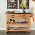 Wood Rolling 4 Drawer and 2 Shelf Kitchen Cart with Black Metal Handles and Marble Top - Brown - Roche River Decor
