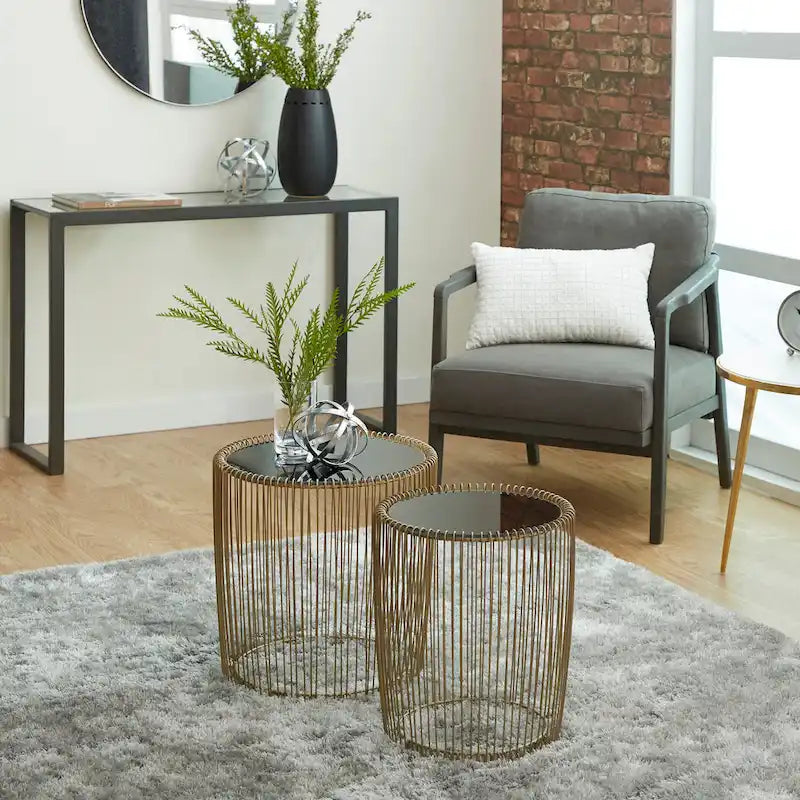 Metal Accent Table with Shaded Glass Top - Set of 2 Gold - Roche River Decor - 18Wx18Lx18H
