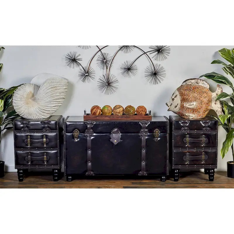 Wood Vintage Faux Leather 4 Drawer Bench with Faux Leather Straps and Studs - Set of 3 Brown - Roche River Decor