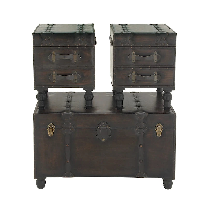 Wood Vintage Faux Leather 4 Drawer Bench with Faux Leather Straps and Studs - Set of 3 Brown - Roche River Decor