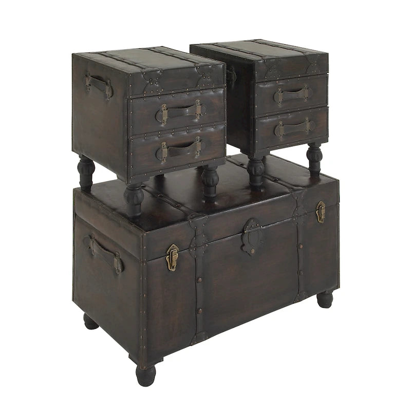 Wood Vintage Faux Leather 4 Drawer Bench with Faux Leather Straps and Studs - Set of 3 Brown - Roche River Decor