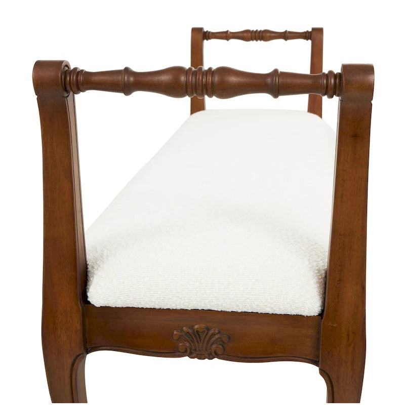 Fabric Arm Bench with Brown Traditional Wood Turned Legs - Cream - Roche River Decor - 16W x 55L x 27H