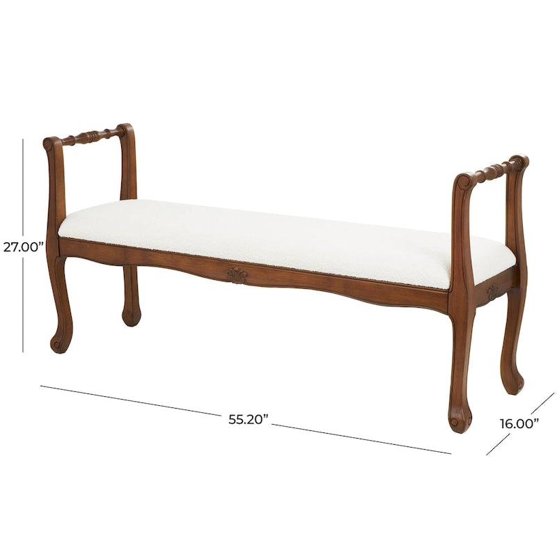 Fabric Arm Bench with Brown Traditional Wood Turned Legs - Cream - Roche River Decor - 16W x 55L x 27H