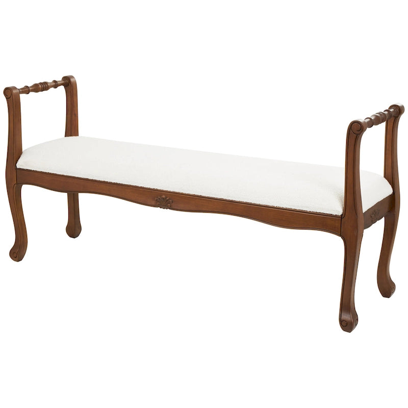 Fabric Arm Bench with Brown Traditional Wood Turned Legs - Cream - Roche River Decor - 16W x 55L x 27H
