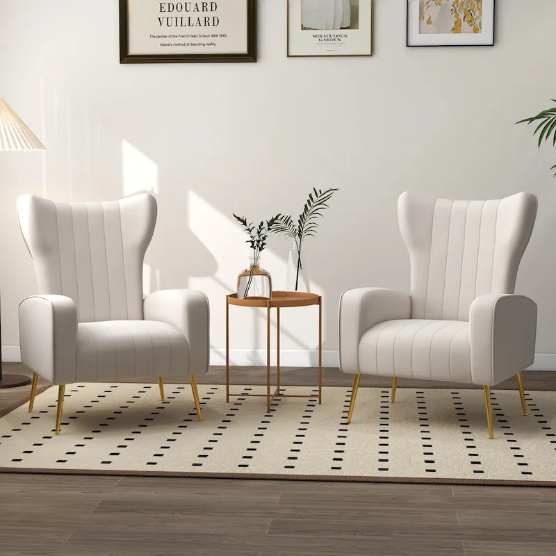 2 Set Velvet Wingback Accent Chairs with Metal Legs for Living Room