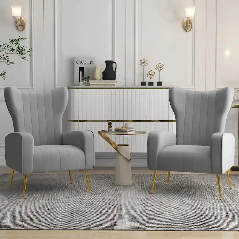 2 Set Velvet Wingback Accent Chairs with Metal Legs for Living Room
