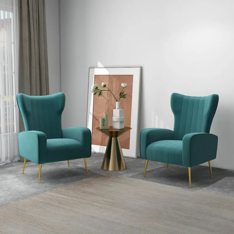 2 Set Velvet Wingback Accent Chairs with Metal Legs for Living Room