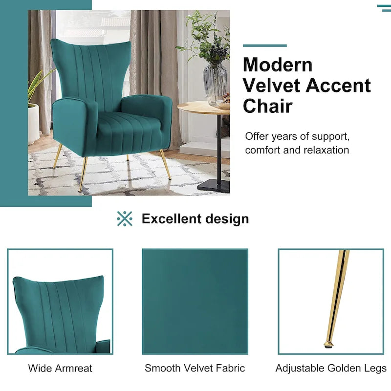 2 Set Velvet Wingback Accent Chairs with Metal Legs for Living Room