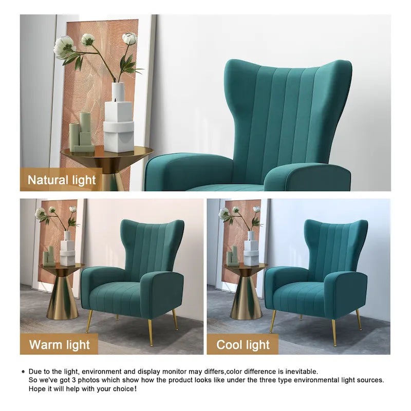 2 Set Velvet Wingback Accent Chairs with Metal Legs for Living Room