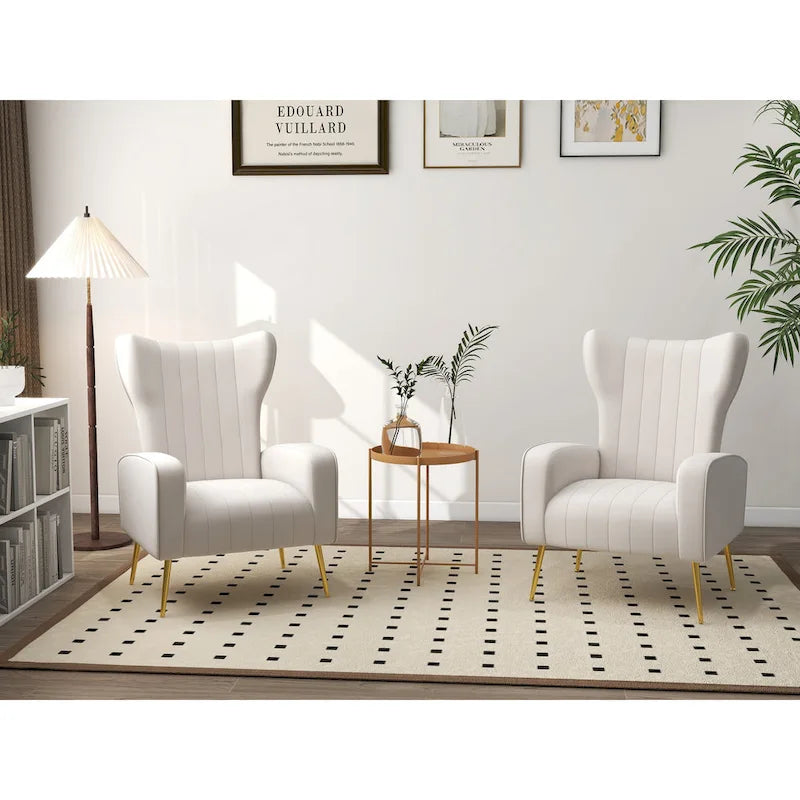 2 Set Velvet Wingback Accent Chairs with Metal Legs for Living Room