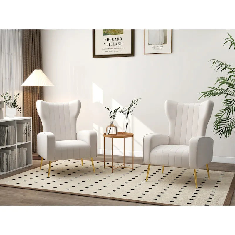 2 Set Velvet Wingback Accent Chairs with Metal Legs for Living Room