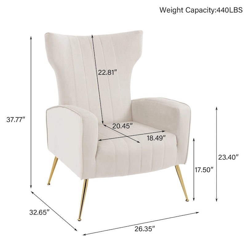 2 Set Velvet Wingback Accent Chairs with Metal Legs for Living Room
