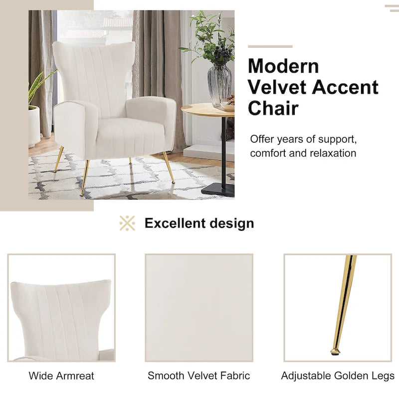2 Set Velvet Wingback Accent Chairs with Metal Legs for Living Room
