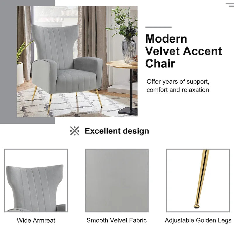 2 Set Velvet Wingback Accent Chairs with Metal Legs for Living Room