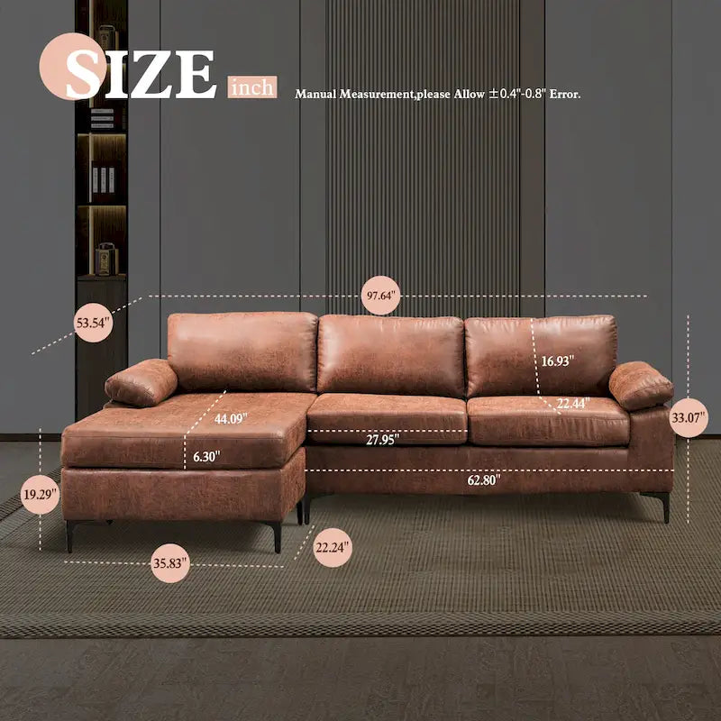 Brown Suede Reversible Chaise Sofa - 2-3 Seater