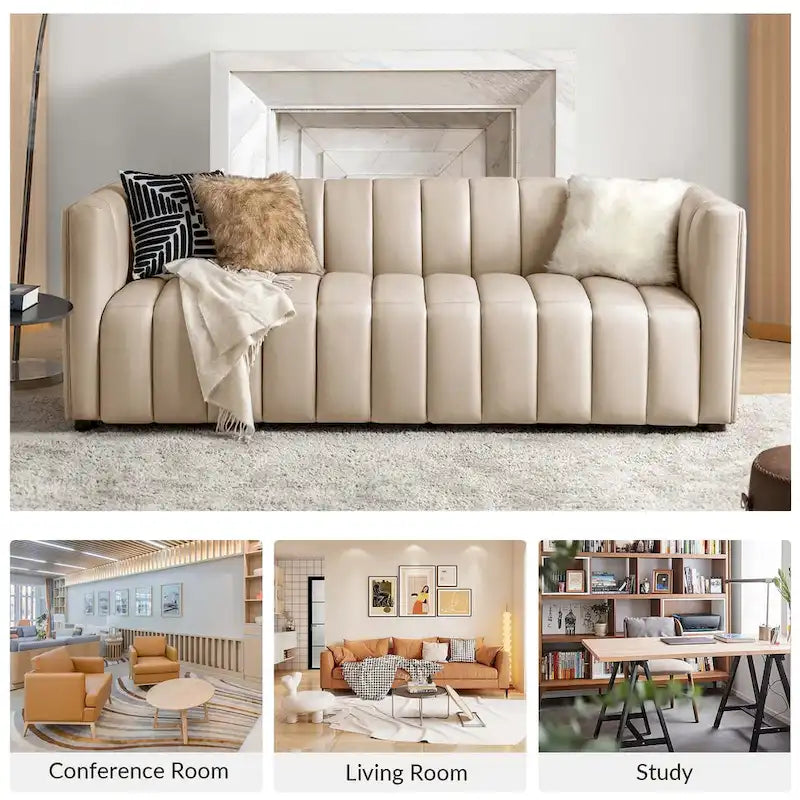 Olinto Modern Camel 83-Inch Genuine Leather Curved Couch with Channel Back by HULALA HOME