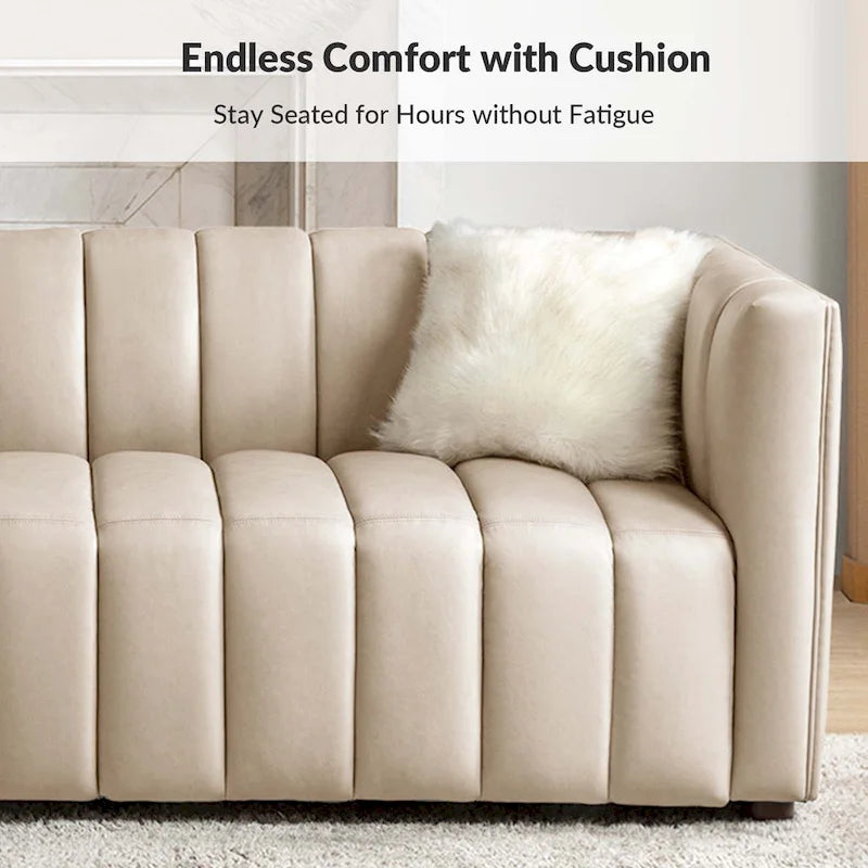Olinto Modern Camel 83-Inch Genuine Leather Curved Couch with Channel Back by HULALA HOME
