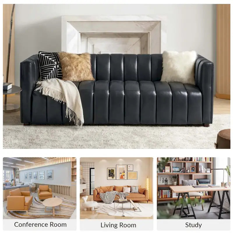 Olinto Modern Camel 83-Inch Genuine Leather Curved Couch with Channel Back by HULALA HOME