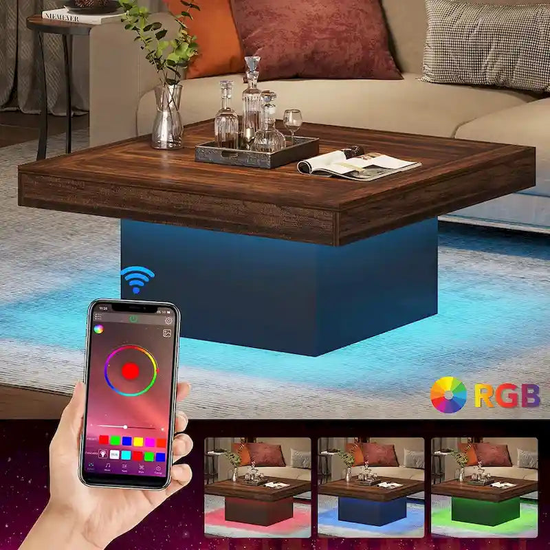 Farmhouse Square LED Coffee Table Engineered Wood Coffee Table for Living Room