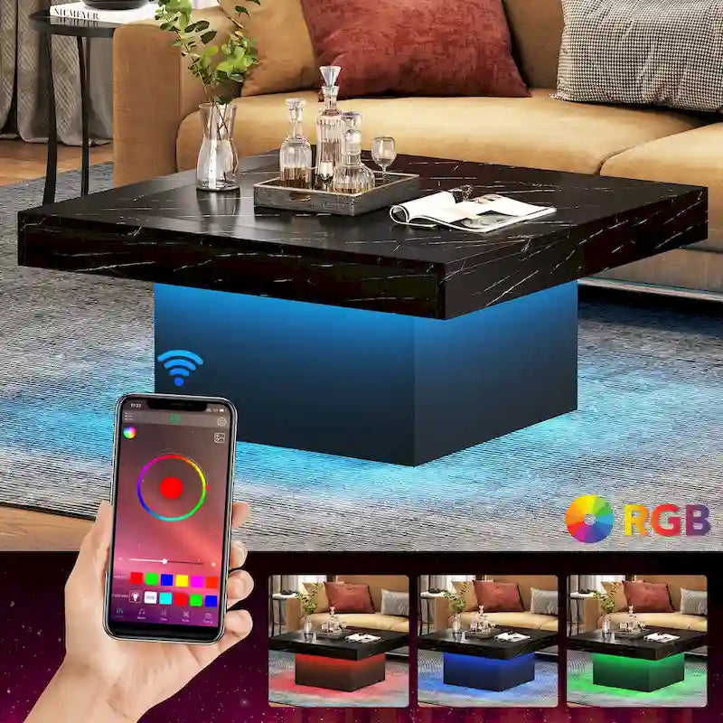 Farmhouse Square LED Coffee Table Engineered Wood Coffee Table for Living Room