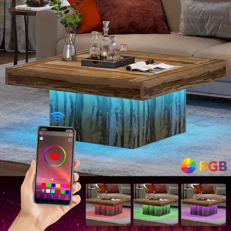 Farmhouse Square LED Coffee Table Engineered Wood Coffee Table for Living Room