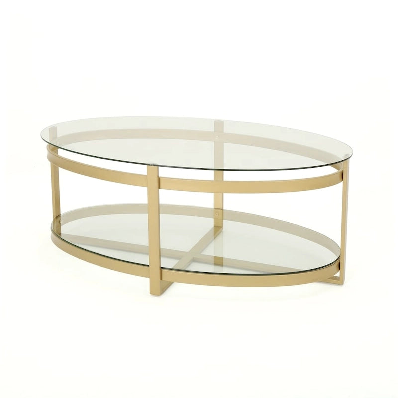 Plumeria Modern Glam Tempered Glass Oval Coffee Table with Iron Frame by Christopher Knight Home