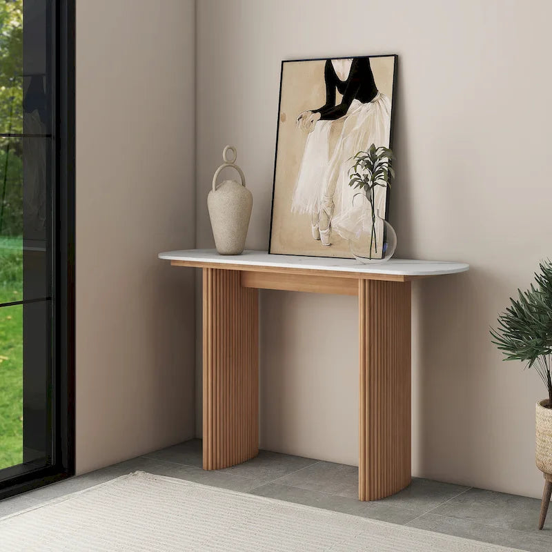 Marble Console Table Entryway Table with Fluted Base