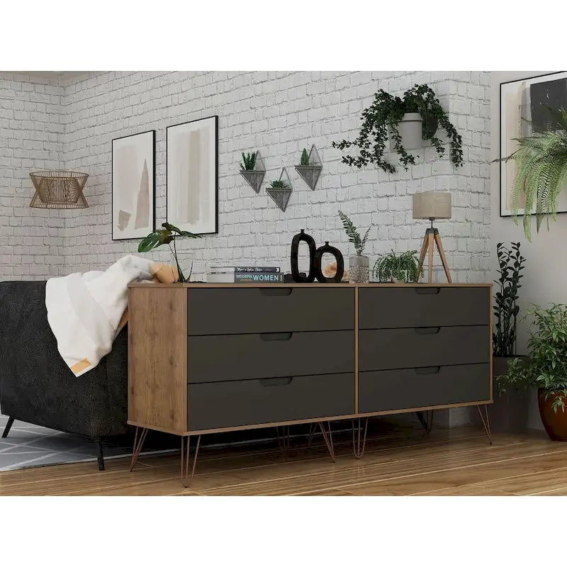 6-Drawer Double Low Dresser with Metal Legs