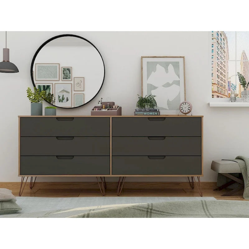 6-Drawer Double Low Dresser with Metal Legs