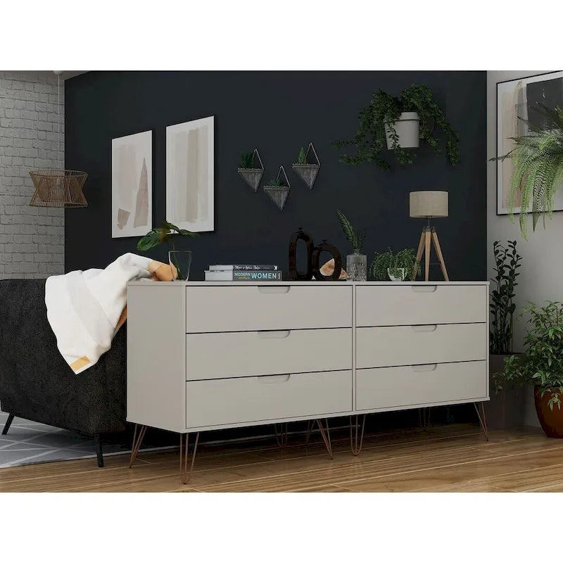 6-Drawer Double Low Dresser with Metal Legs