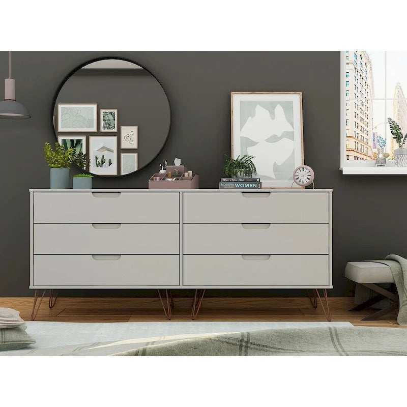 6-Drawer Double Low Dresser with Metal Legs