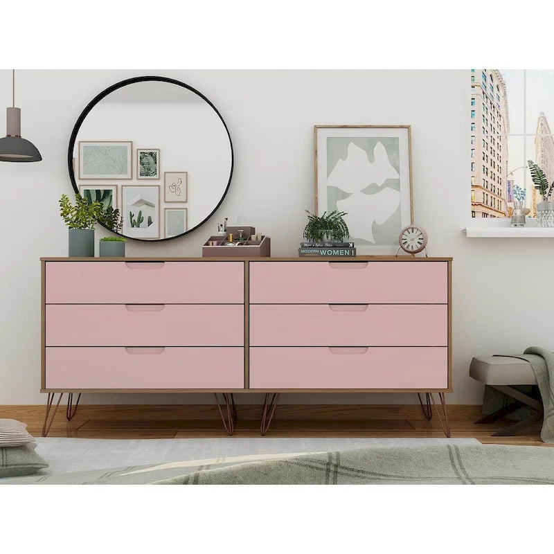 6-Drawer Double Low Dresser with Metal Legs