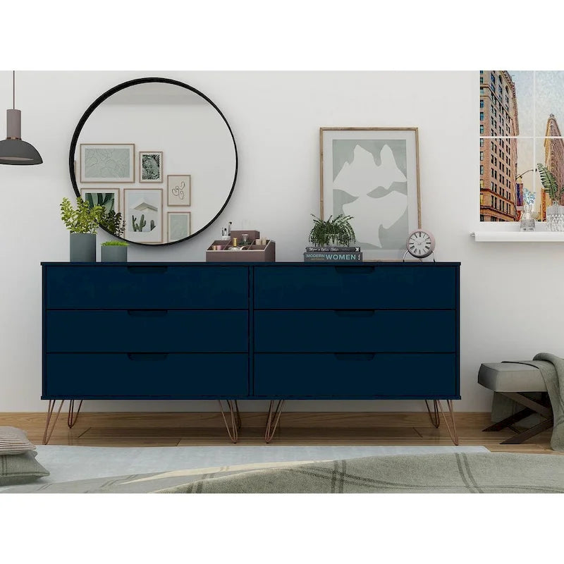 6-Drawer Double Low Dresser with Metal Legs