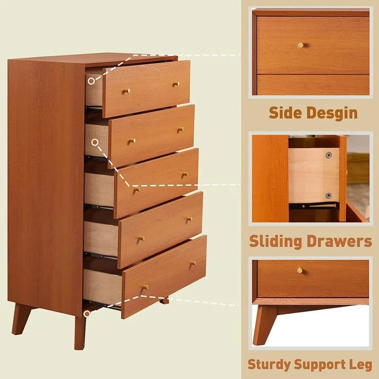 Mid-Century Modern 5 Drawer Dresser, Wood Chest of Drawers