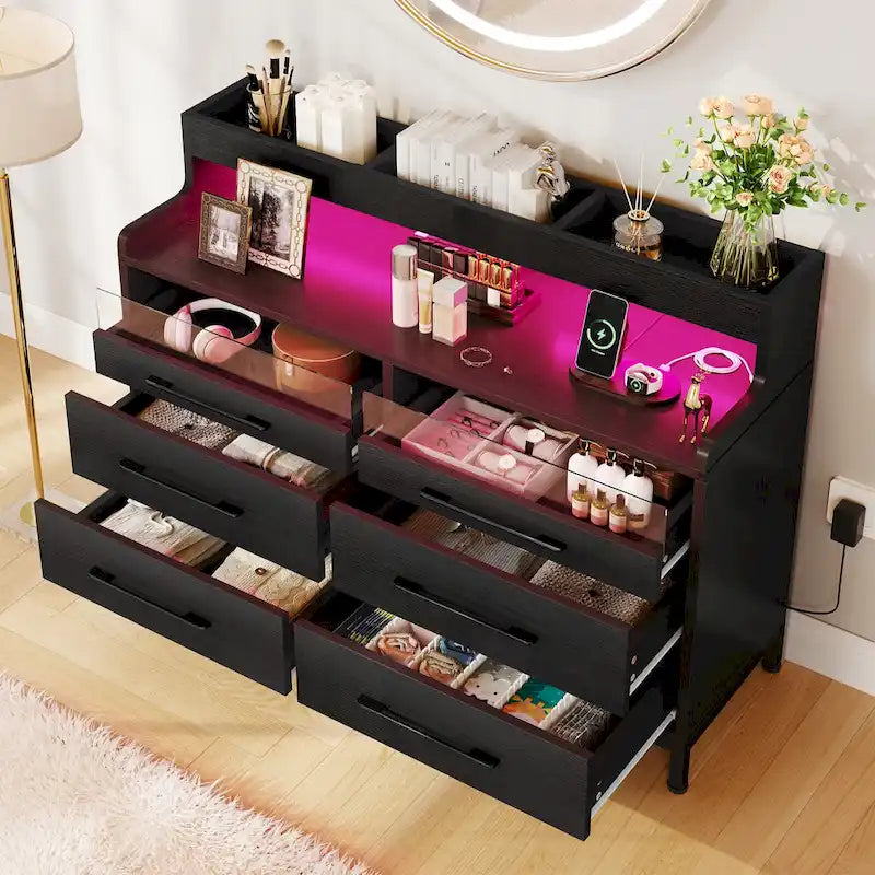 Moasis Modern 6-Drawer Storage Chest Dresser Drawer Organizers with LED Light