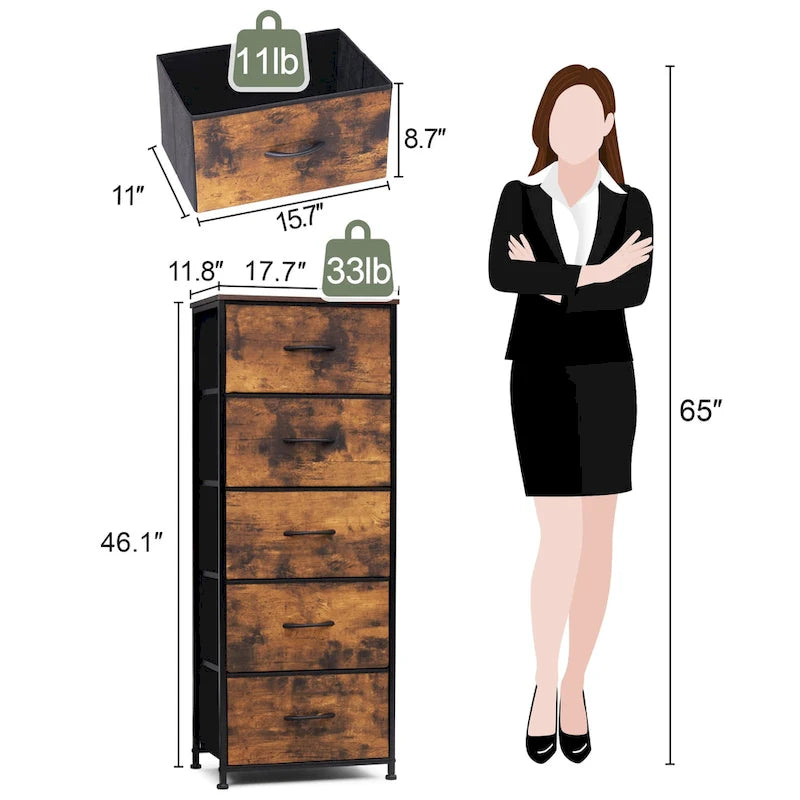 Home Bedroom Furniture 5-drawer Chest Vertical Storage Tower - Fabric Dresser
