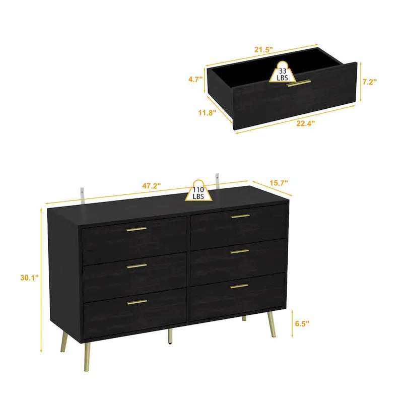 Timechee Modern 6 Drawer Storage Chest Double Dresser Sideboard Cabinet