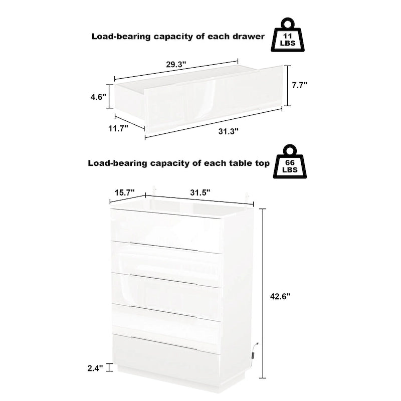 5 Drawer Chest Dresser w/High Gloss Drawers Chest With Light Storage
