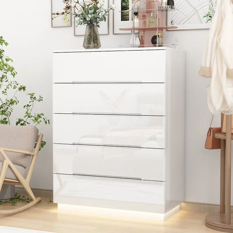 5 Drawer Chest Dresser w/High Gloss Drawers Chest With Light Storage