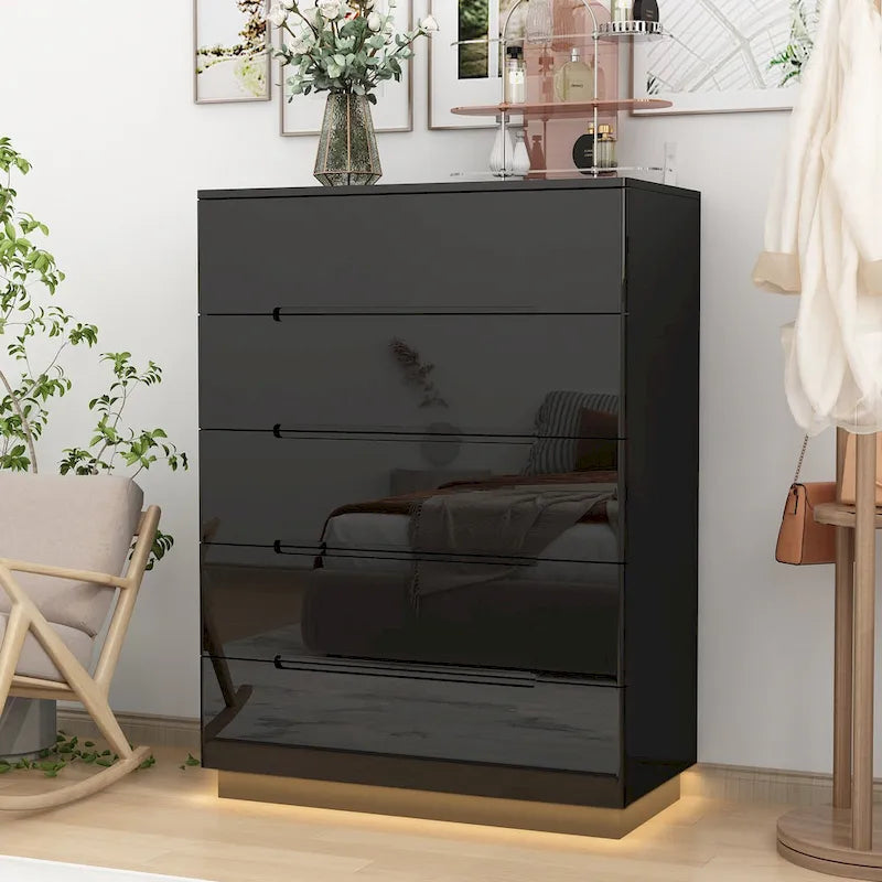 5 Drawer Chest Dresser w/High Gloss Drawers Chest With Light Storage