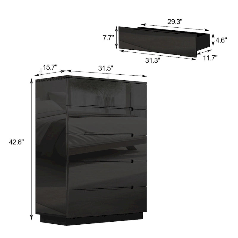5 Drawer Chest Dresser w/High Gloss Drawers Chest With Light Storage