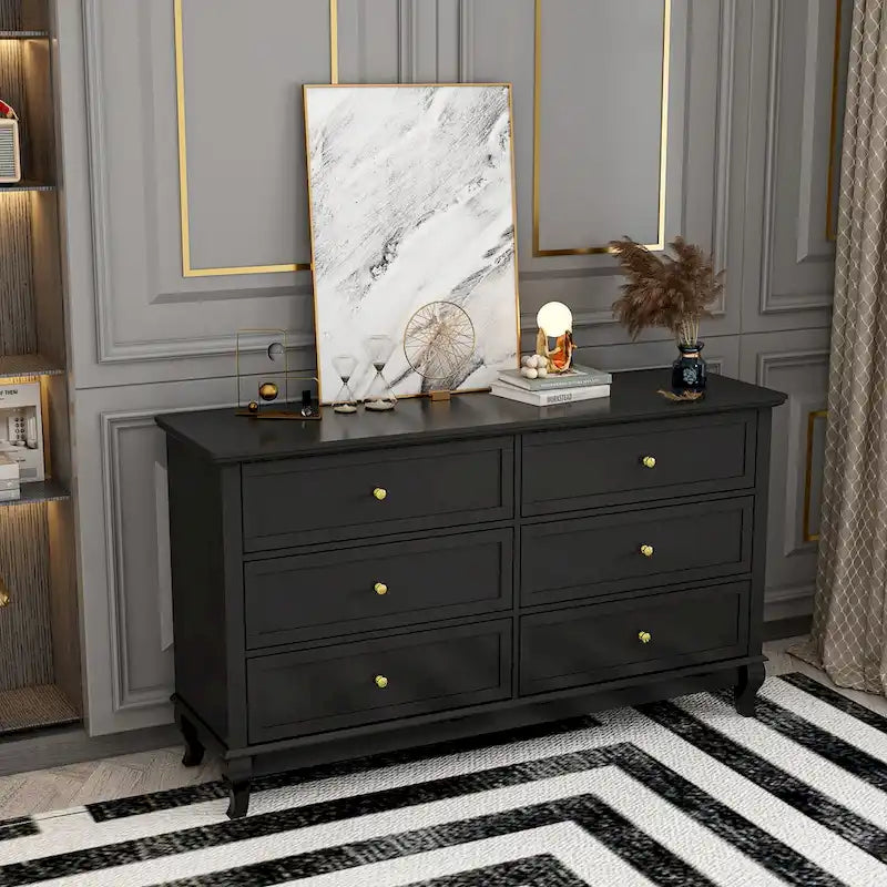 Lacquer Dresser for Bedroom with Deep Drawers Wooden 6 Drawers Chest