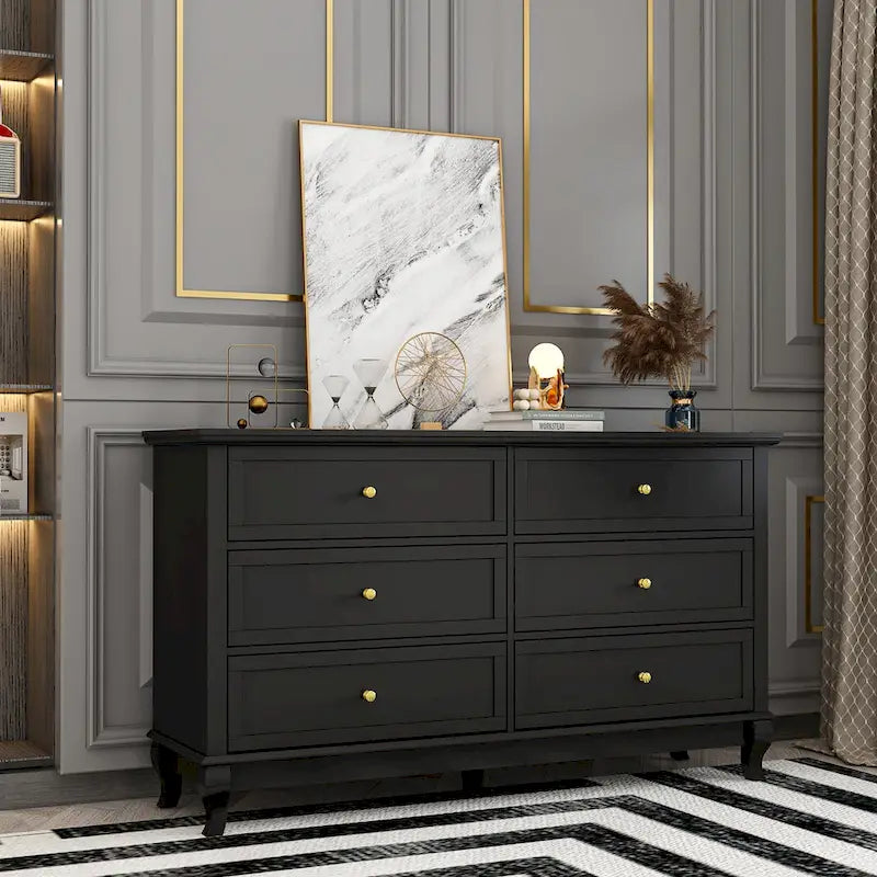 Lacquer Dresser for Bedroom with Deep Drawers Wooden 6 Drawers Chest