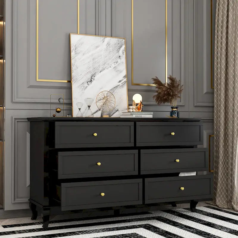 Lacquer Dresser for Bedroom with Deep Drawers Wooden 6 Drawers Chest