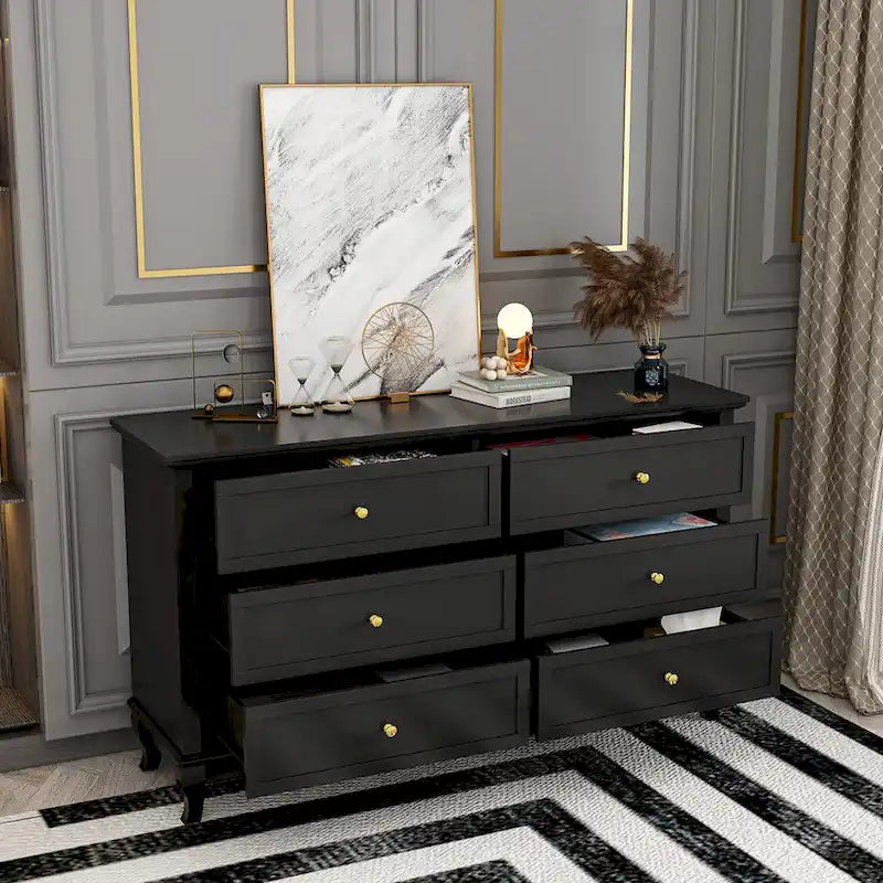 Lacquer Dresser for Bedroom with Deep Drawers Wooden 6 Drawers Chest