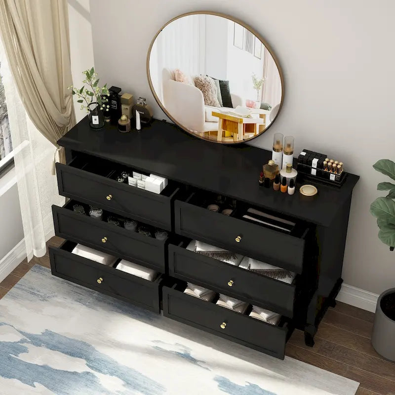Lacquer Dresser for Bedroom with Deep Drawers Wooden 6 Drawers Chest