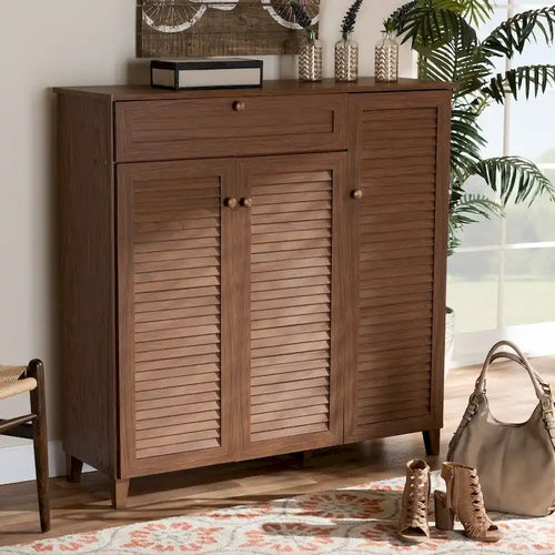 Baxton Studio Contemporary 11-shelf Wood Shoe Storage Cabinet with Drawer